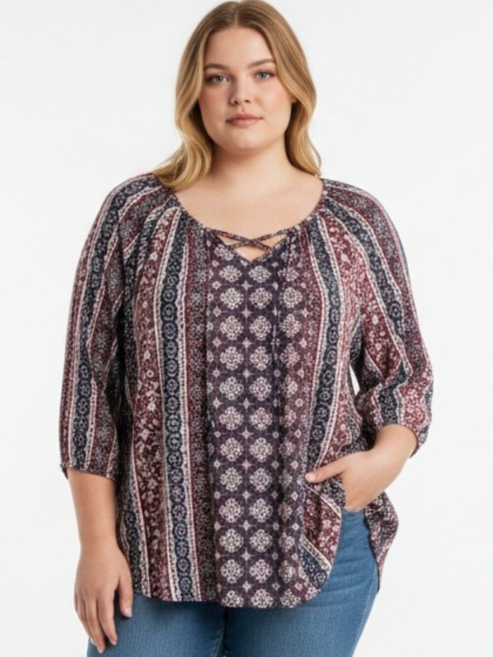 Catherines 2X 22/24W Boho Medallion Print Criss Cross Neck Tunic Top